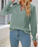 Plain Eyelet Embroidery Pleated Ruffle Long Sleeve Notch V Neck Shirt Top