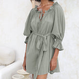 Women Off Shoulder Solid Ruffle Mini Belted Dress