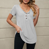 Women's Button Pleated Round Neck Short Sleeve Curved Hem Plain Henley Shirt Tunic Top