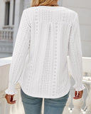 Plain Eyelet Embroidery Pleated Ruffle Long Sleeve Notch V Neck Shirt Top