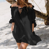 Women Off Shoulder Solid Ruffle Mini Belted Dress