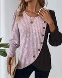 Contrast Round Neck Button Decor shirt