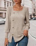 Soild Color Square Neck Button Decor Long Sleeve Split Top