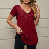 Women's Button Pleated Round Neck Short Sleeve Curved Hem Plain Henley Shirt Tunic Top