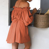 Women Off Shoulder Solid Ruffle Mini Belted Dress