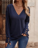 Solid V Neck Drop Shoulder Button Detail Long Sleeve Shirt