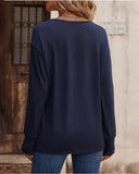 Solid V Neck Drop Shoulder Button Detail Long Sleeve Shirt