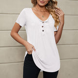 Women's Button Pleated Round Neck Short Sleeve Curved Hem Plain Henley Shirt Tunic Top