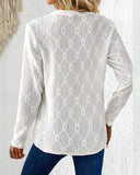 Button Decor Round Neck Hollow Out Embroidery White Long Sleeve Shirt