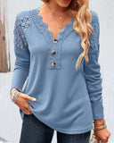 Lace Stitching Button Front V Neck Long Sleeve Top Shirt