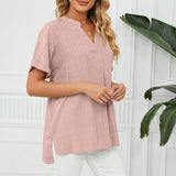 Women Loose Split V-Neck Flowy Plain Short Sleeve