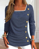 Lace Trim Button Decor Square Neck Long Sleeve Tunic Top Shirt