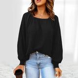 Women Square Neck Long Puff Sleeve Raglan Waffle Knit Shirt Top