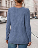 Soild Color Square Neck Button Decor Long Sleeve Split Top