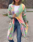 Colorful Floral Print Cardigan with Pockets