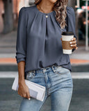 Pleated Puff Sleeve Crew Neck Tucked Blouse