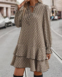 All-Over Print V Neck Dress with Tie Neck, Flare Sleeve and Layered Ruffled Hem