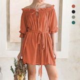 Women Off Shoulder Solid Ruffle Mini Belted Dress