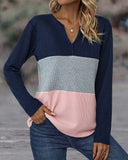 Long Sleeve Color Block Notched Neck T-Shirt