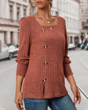 Soild Color Square Neck Button Decor Long Sleeve Split Top