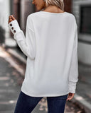 Solid V Neck Drop Shoulder Button Detail Long Sleeve Shirt