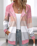 Color Block Splicing Drawstring Zipped Hoodie