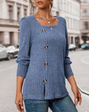 Soild Color Square Neck Button Decor Long Sleeve Split Top