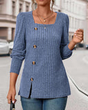 Soild Color Square Neck Button Decor Long Sleeve Split Top