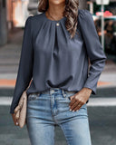 Pleated Puff Sleeve Crew Neck Tucked Blouse