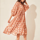 Women's Floral String Puff Sleeve Loose Midi Dress