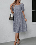 Blue And White Floral Print Flounce Sleeve Dress