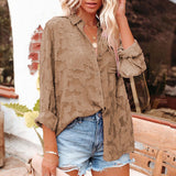 Women's Solid Color Cutout Chiffon Jacquard Button Long Sleeve Shirt Blouse