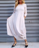 Simple Solid Color Crew Neck Pocket Long Sleeve Dress