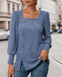 Soild Color Square Neck Button Decor Long Sleeve Split Top