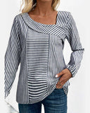 Stripe Print Asymmetrical Collar Long Sleeve Blouse