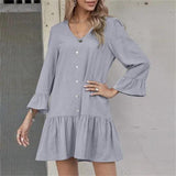 Women 3/4 Sleeve V Neck Plain Midi Peplum Hem Smock Dress