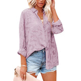 Women's Solid Color Cutout Chiffon Jacquard Button Long Sleeve Shirt Blouse