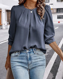 Pleated Puff Sleeve Crew Neck Tucked Blouse