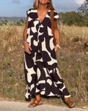 Geometric Print V-Neck Sleeveless Flowy Maxi Dress