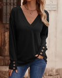 Solid V Neck Drop Shoulder Button Detail Long Sleeve Shirt