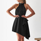 Women Tie Back Asymmetrical Hem Halter Satin Dress