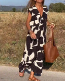 Geometric Print V-Neck Sleeveless Flowy Maxi Dress