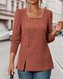 Soild Color Square Neck Button Decor Long Sleeve Split Top