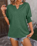 Notched Neck Lantern Sleeve Plain T-Shirt