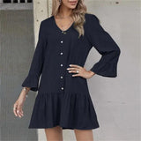 Women 3/4 Sleeve V Neck Plain Midi Peplum Hem Smock Dress