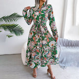 Tropical Floral Print Belted Shirt Maxi Dress Long Sleeve