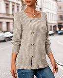 Soild Color Square Neck Button Decor Long Sleeve Split Top