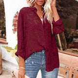 Women's Solid Color Cutout Chiffon Jacquard Button Long Sleeve Shirt Blouse