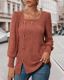 Soild Color Square Neck Button Decor Long Sleeve Split Top