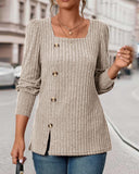 Soild Color Square Neck Button Decor Long Sleeve Split Top